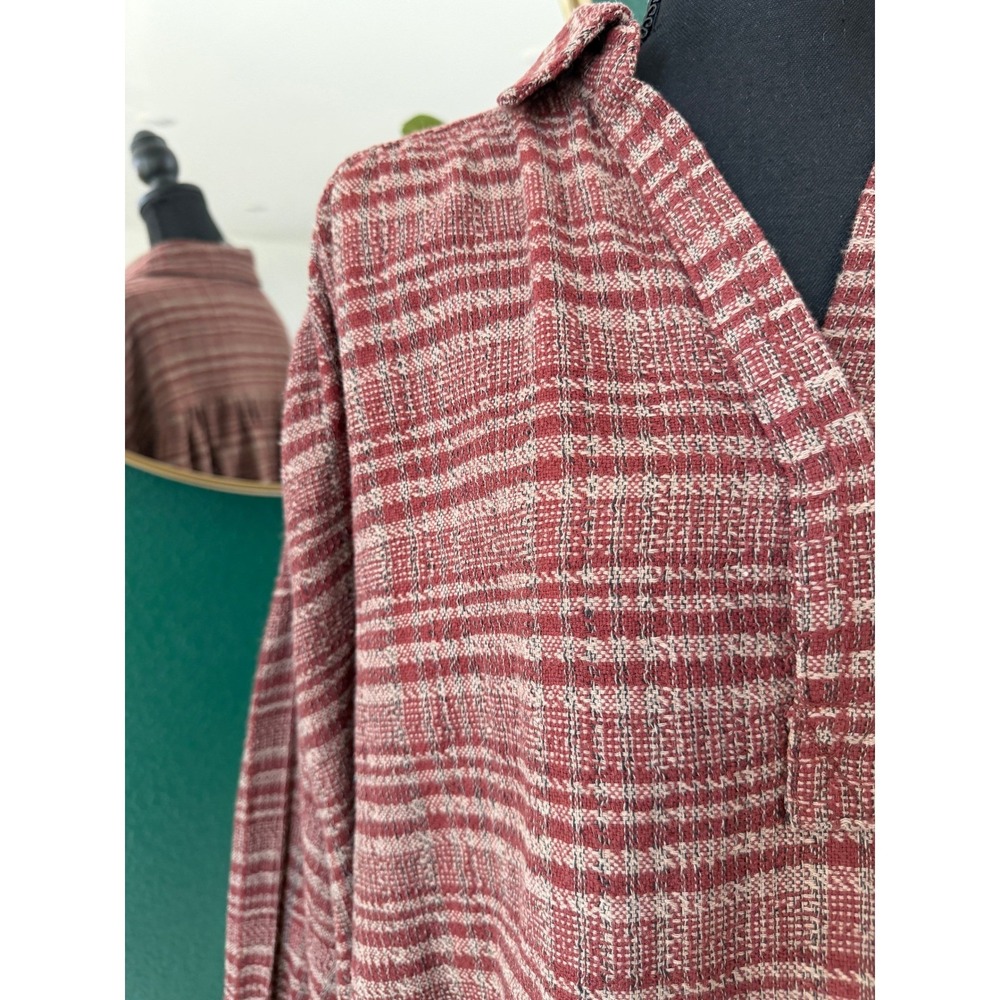 In Loom Plaid Tunic Blouse Size S Mahogany Cotton Linen Boho Academia Lagenlook - Picture 2 of 11
